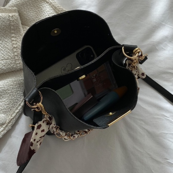 Boho Black Vegan Leather Scarf Detail Crossbody Bag - Picture 3 of 6